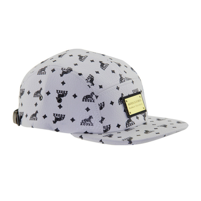 Metal rozet logosu ve deri kayışlı basılı PU 5 panel kamp şapkası