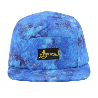 Özel 5 panel kamp şapkası tümüyle süblimasyon baskı ve dokuma yama logosu ile