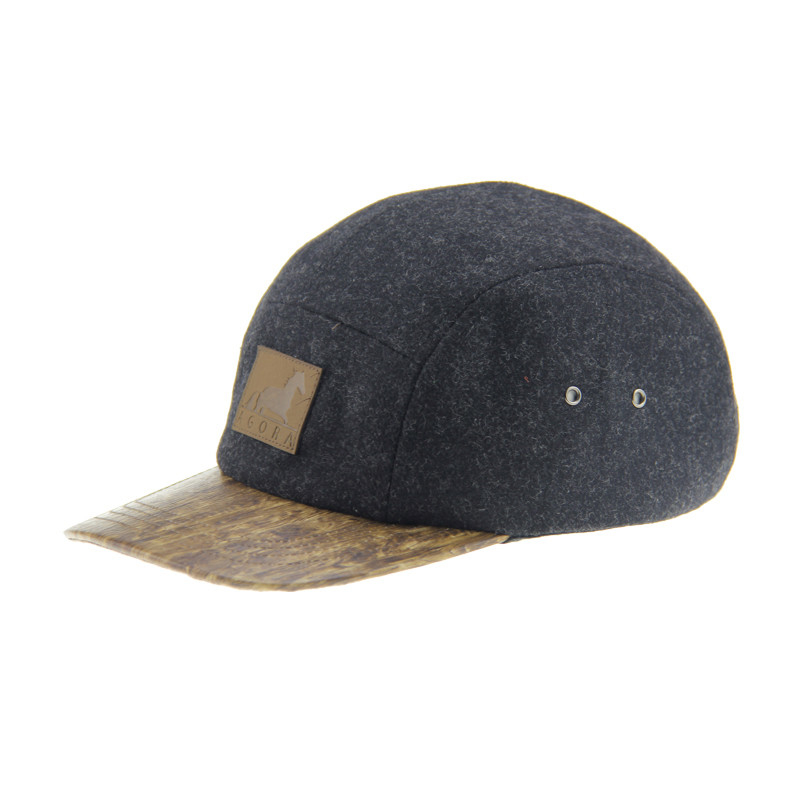 Bambu PU Yün Kamp Beyzbol Kapak 5 Panel Snapback Şapka Deri Rezil Logo ile